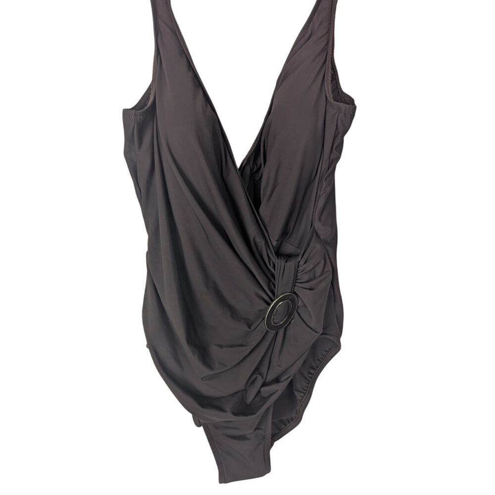 Miraclesuit one piece12 Espresso Brown Ring accent Draped Tummy control EUC